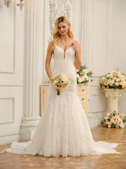 Trompette/Sirène Bretelles Spaghetti Sans Manches Robes de Mariée Longues avec Appliques