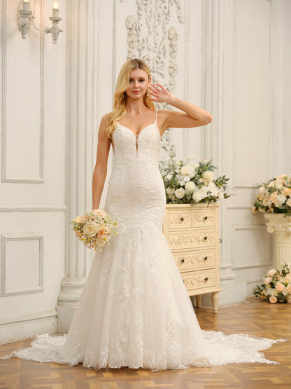Trompette/Sirène Bretelles Spaghetti Sans Manches Robes de Mariée Longues avec Appliques