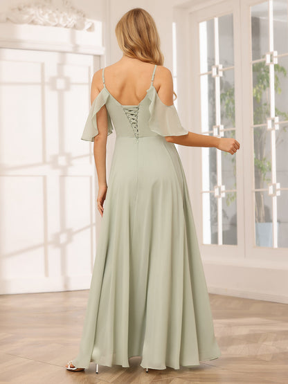 Forme Princesse Bretelles spaghetti Col en V Longue Robes de demoiselle d'honneur avec Côté fendu