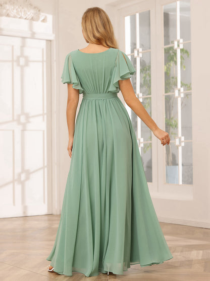 Forme Princesse Col V Manches courtes Longue Robes de demoiselle d'honneur avec Ceinture