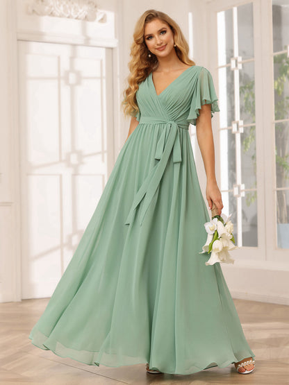 Forme Princesse Col V Manches courtes Longue Robes de demoiselle d'honneur avec Ceinture