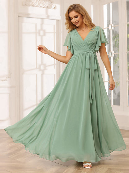 Forme Princesse Col V Manches courtes Longue Robes de demoiselle d'honneur avec Ceinture