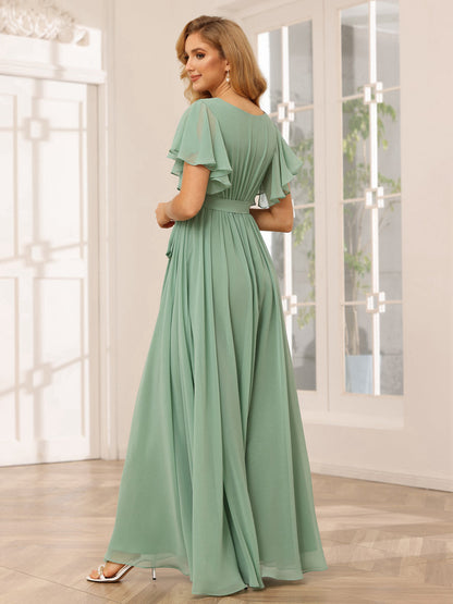 Forme Princesse Col V Manches courtes Longue Robes de demoiselle d'honneur avec Ceinture