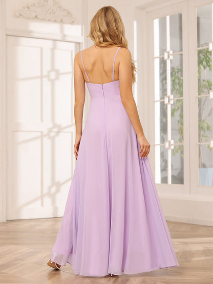 Forme Princesse Bretelles spaghetti Col en V Longue Robes de demoiselle d'honneur avec Côté fendu