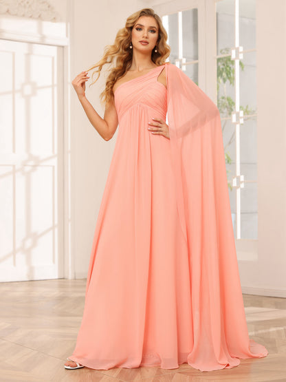 Forme Princesse Une épaule Longue Robes de demoiselle d'honneur avec Ruché