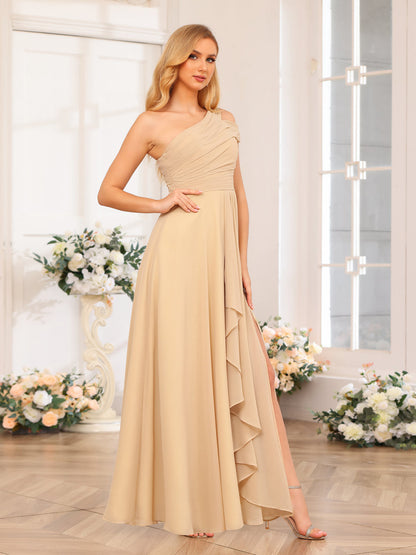 Forme Princesse Une épaule Longue Robes de soirée de mariage avec Côté fendu