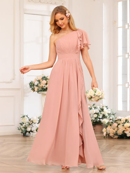 Forme Princesse Une épaule Longue Robes de soirée de mariage avec Côté fendu
