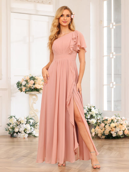 Forme Princesse Une épaule Longue Robes de soirée de mariage avec Côté fendu