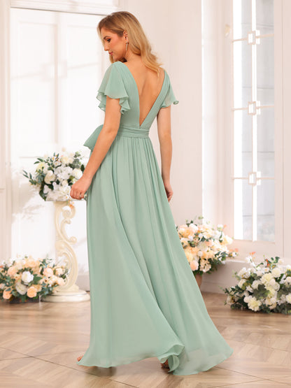 Forme Princesse Col en V Longue Robes de soirée de mariage avec Côté fendu et ceinture