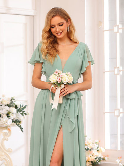 Forme Princesse Col en V Longue Robes de soirée de mariage avec Côté fendu et ceinture