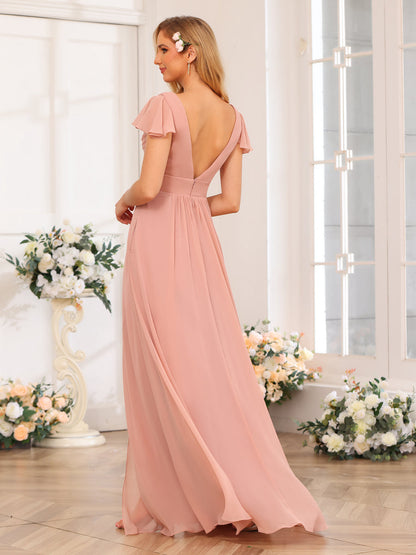 Forme Princesse Col en V Longue Robes de soirée de mariage avec Côté fendu et poches
