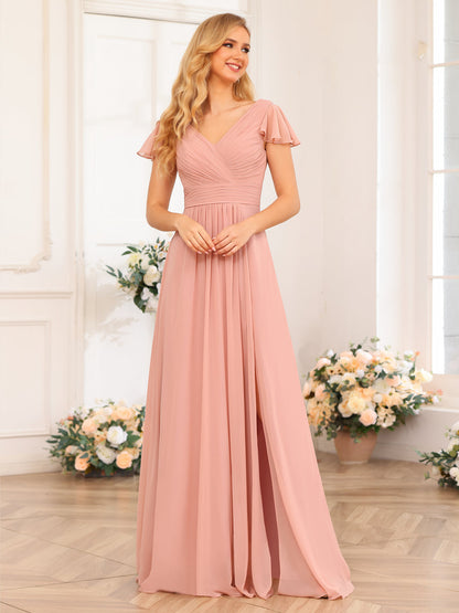 Forme Princesse Col en V Longue Robes de soirée de mariage avec Côté fendu et poches