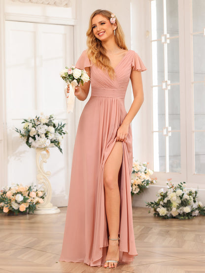 Forme Princesse Col en V Longue Robes de soirée de mariage avec Côté fendu et poches
