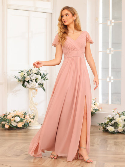 Forme Princesse Col en V Longue Robes de soirée de mariage avec Côté fendu et poches