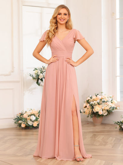 Forme Princesse Col en V Longue Robes de soirée de mariage avec Côté fendu et poches