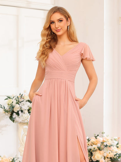 Forme Princesse Col en V Longue Robes de soirée de mariage avec Côté fendu et poches