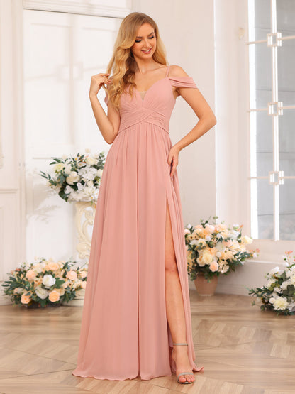 Forme Princesse Bretelles spaghetti Longue Robes de soirée de mariage avec Côté fendu et poches