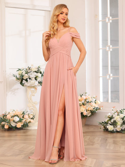 Forme Princesse Bretelles spaghetti Longue Robes de soirée de mariage avec Côté fendu et poches