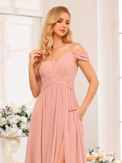 Forme Princesse Bretelles spaghetti Longue Robes de soirée de mariage avec Côté fendu et poches