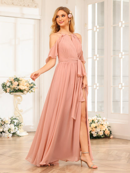 Forme Princesse Licou Longue Robes de soirée de mariage avec Côté fendu et ceinture