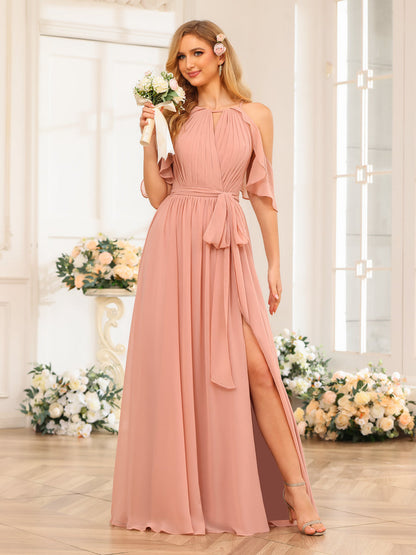 Forme Princesse Licou Longue Robes de soirée de mariage avec Côté fendu et ceinture